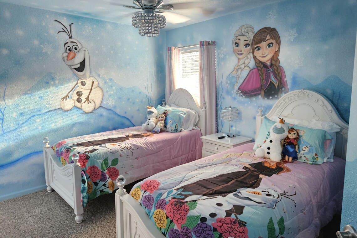 Frozen themed kids bedroom with two beds, used for Windsor Hills vs Windsor Island comparison